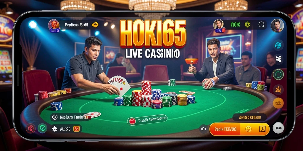 Tampilan menarik gameplay HOKI65 dengan dealer langsung dan suasana kasino yang nyata.
