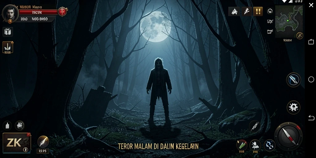 Screenshot ZK3 menampilkan suasana horor yang mencekam dan gameplay yang menegangkan.